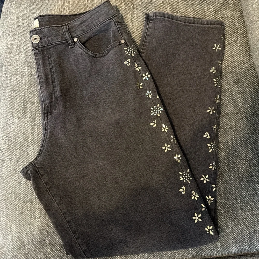 Embellished Elegant Crustal‎ Flowers Camila Coelho Black/Gray High Rise Jeans 12